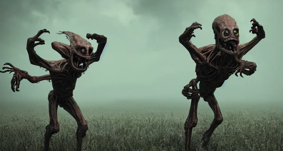 Prompt: still from a horror movie of grotesque alien lunging towards the camera, highly detailed, horror movie scene, unreal engine, octane render, natural light outside