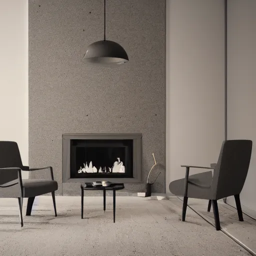 Image similar to two armchairs sitting in front of a cosy fireplace, modern home design interior, octane render, hyperrealistic, concrete archetecture, vray, volumetric lighting, cinema 4 d, unreal engine