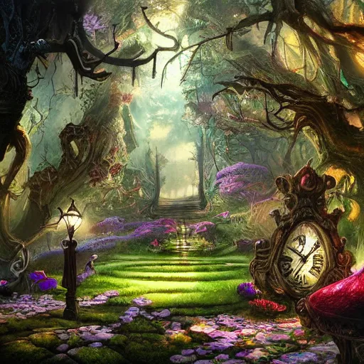 Image similar to photorealistic fantasy concept art of the world of Alice and wonderland landscape, dynamic lighting, magical, mysterious, hyperrealism