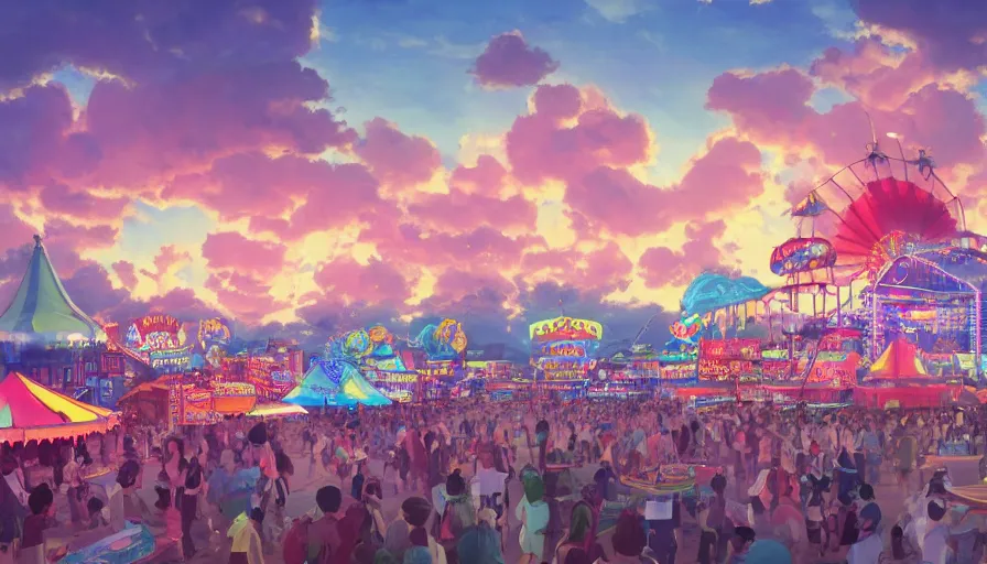 Prompt: A highly detailed matte painting of an old fashioned carnival with a bright shimmering sky by Studio Ghibli, Mokoto Shinkai, by Artgerm, by beeple, volumetric lighting, octane render, 4K resolution, trending on artstation, vivid colours