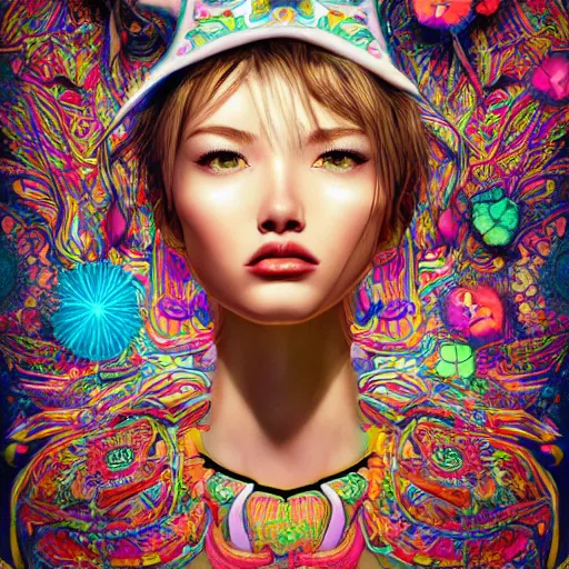 Image similar to the face of a ridiculously beautiful and pretty woman partially made of onion rings of all colors looking up, an ultrafine detailed illustration by james jean, final fantasy, intricate linework, bright colors, behance contest winner, vanitas, angular, altermodern, unreal engine 5 highly rendered, global illumination, radiant light, detailed and intricate environment