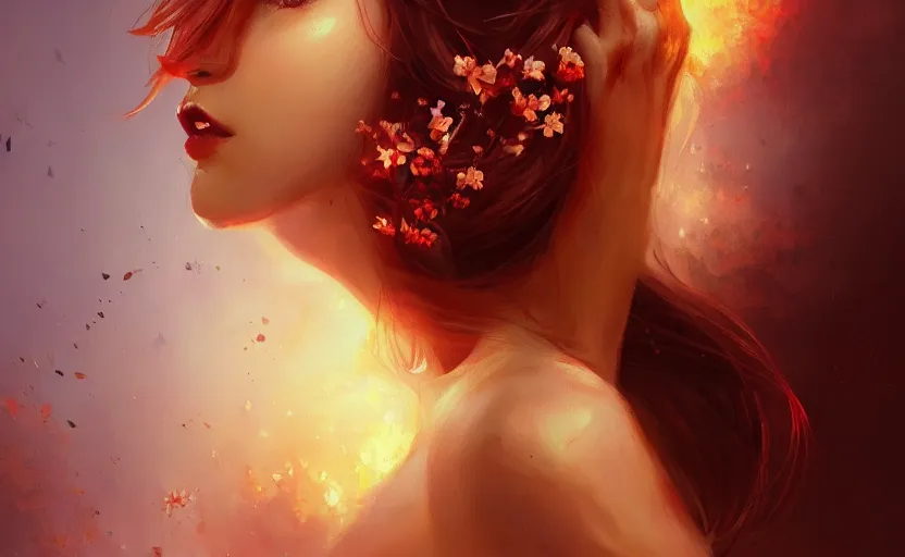 Image similar to a painting of jasmine trending on artstation in the style of greg rutkowski, beautiful, sensual, flower, portrait, adorable, alter, hell, fire hair