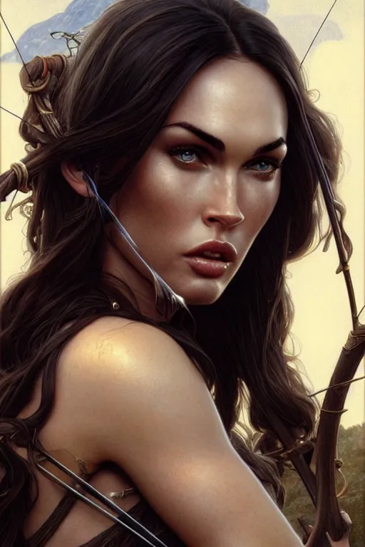 Prompt: portrait of megan fox as an elven archer, dark, piercing eyes, gentle expression, elegant clothing, photorealistic, highly detailed, artstation, smooth, sharp focus, art by michael whelan, artgerm, greg rutkowski and alphonse mucha