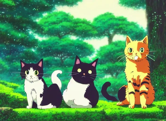 Prompt: anime fine details portrait of joyful cute cats play in nature, trees, green meadows at night, bokeh. anime masterpiece by Studio Ghibli. 8k, sharp high quality classic anime from 1990 in style of Hayao Miyazaki