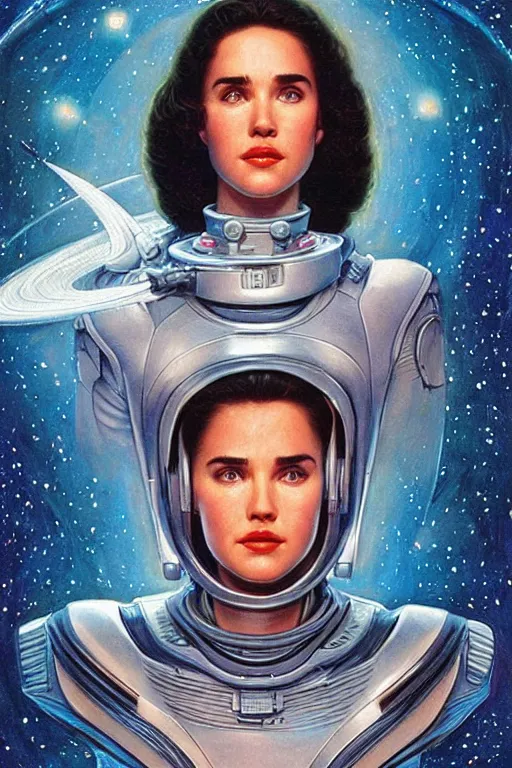 Image similar to young Jennifer Connelly as a stunning , beautiful retro SCI-FI space heroine 1985 , movie poster, intricate, elegant, highly detailed, centered, digital painting, trending on artstation, concept art, smooth, sharp focus, illustration, art by artgerm and donato giancola and Joseph Christian Leyendecker, Ross Tran, WLOP