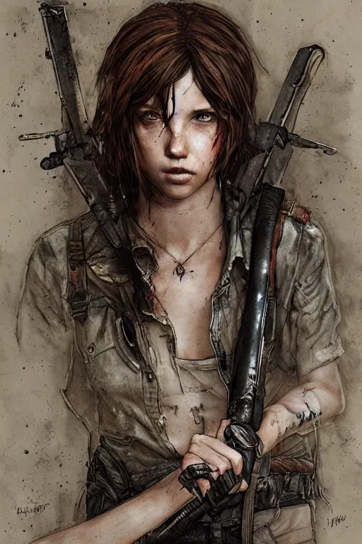 Image similar to ellie from the last of us, dirt, fashion, fantasy, art by ayami kojima, vasnetsov, cedric peyravernay