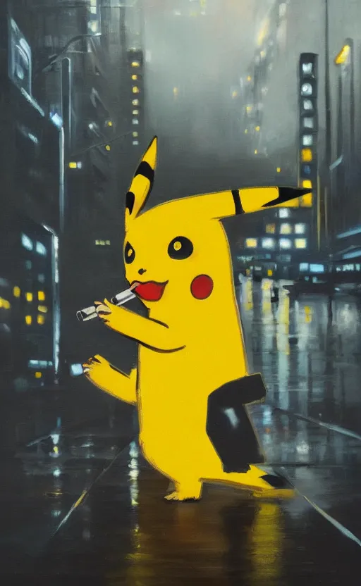 Prompt: a realistic oil painting of Chrome Pikachu smoking a cigarette in a rainy cyberpunk street, by Alex Ross, realistic, 8k, HD, neon, dramatic backlit, bokeh