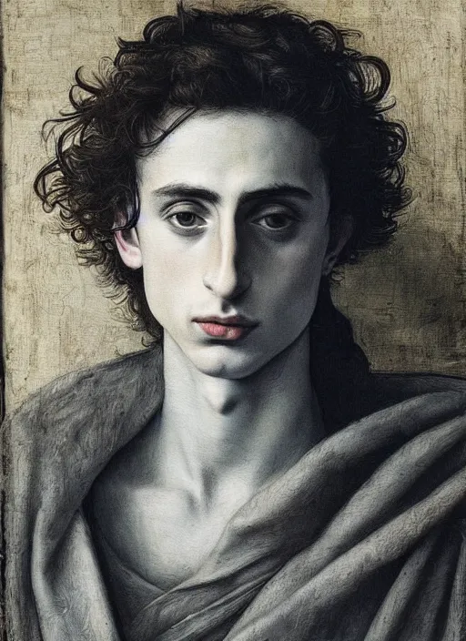 Prompt: (((( a painting of a Timothee Chalamet, a character portrait by Dürer, behance, pre-raphaelitism, da vinci, pre-raphaelite, detailed painting“