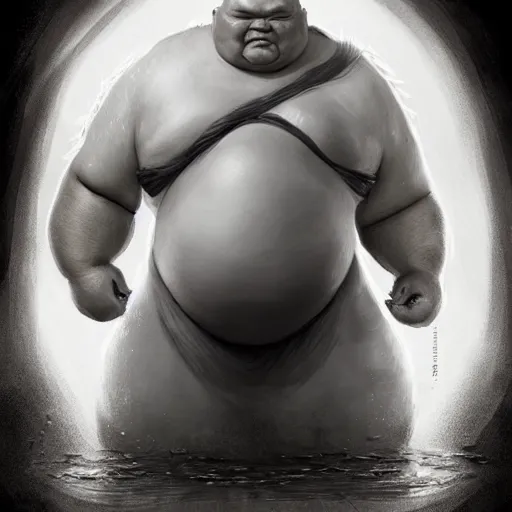 Image similar to Bald Giant Sumo beastly Samurai with an egg growing from his stomach, Digital, dark, fantasy, character, arstation by Bastien Lecouffe-Deharme, Balaskas, Christopher