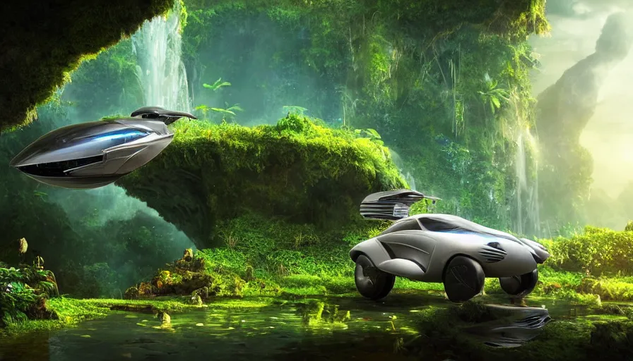 Image similar to a distant futuristic scifi flying car floating in a prehistoric jungle cave, lush flora, waterfall, sunset, hazy, volumetric lighting, rtx on, photorealistic render, great composition, very detailed