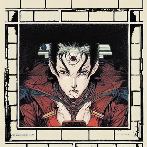 Prompt: face liking another face, inside a frame on a tiled wall, frontal picture, by yoichi hatakenaka, masamune shirow, josan gonzales and dan mumford, ayami kojima, takato yamamoto, karol bak