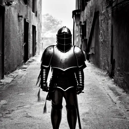 Prompt: Aging knight in black plate armor stands alone in empty alley, character portrait, moody, highly detailed