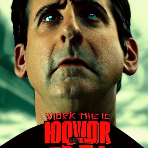 Prompt: Movie poster of a horror film about robots, starring Steve Carell