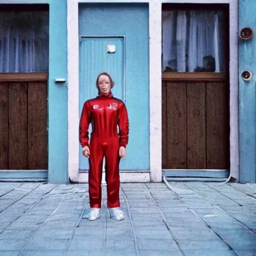 Image similar to alien squats dressed in adidas suit among soviet houses, top secret style, realistic photo, cinestill 8 0 0 t, 1 9 7 0 s, color