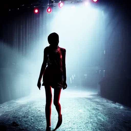 Image similar to supermodel in silent hill, on stage at heaven's night nightclub, 8 k, realistic, fashion photography
