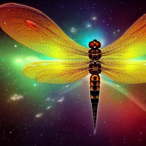 Image similar to a legendary magical dragonfly , digital art , trending on artstation , highly detailed , space nebula background