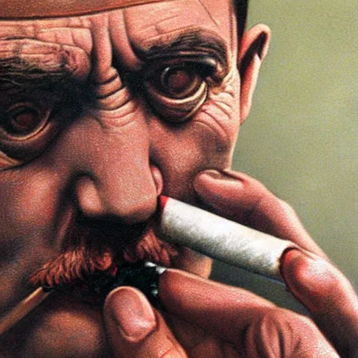 Prompt: Hitler smoking a fat joint, close up photography, photorealism