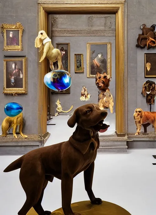 Prompt: a museum room with an sculpture of a velvet dogs made by koons