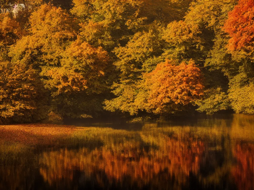 Image similar to a beautiful serene natural landscape during autumn on a fine day, photorealistic, hyperdetailed, studio lighting, octane render, caustics