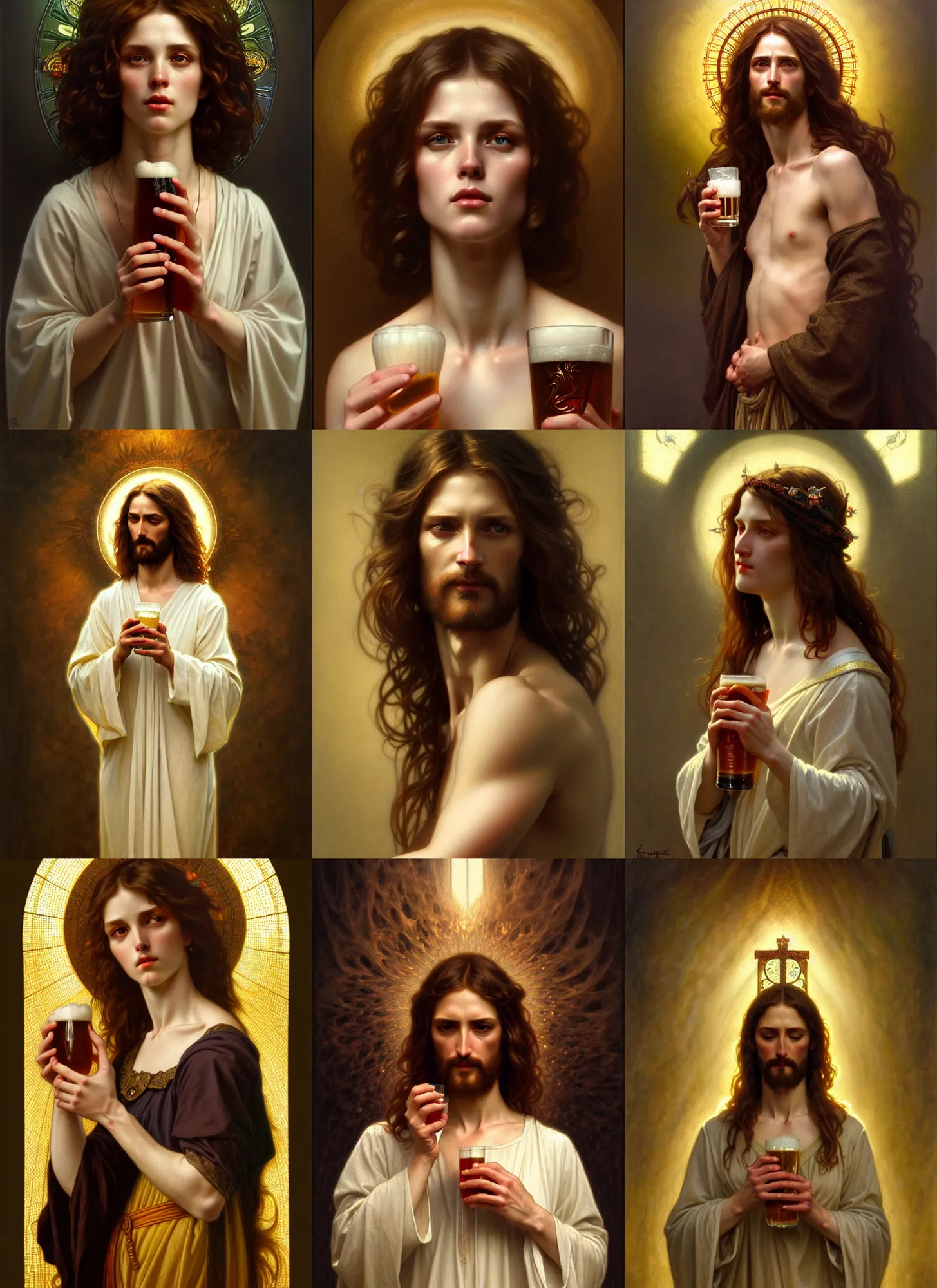 Prompt: jesus drink a beer, diffuse lighting, fantasy, intricate, elegant, highly detailed, lifelike, photorealistic, digital painting, artstation, illustration, concept art, smooth, sharp focus, art by john collier and albert aublet and krenz cushart and artem demura and alphonse mucha