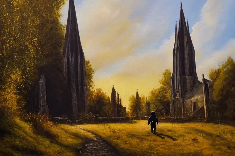 Prompt: a detailed oil painting of darth vader leaving a quaint medieval norman flint church, english, churchyard, trees, golden hour, lead - covered spire, realistic architecture