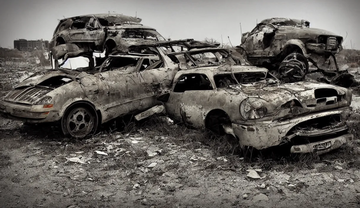 Prompt: a post apocalyptical car abandoned in a wasteland, max max style, low angle view