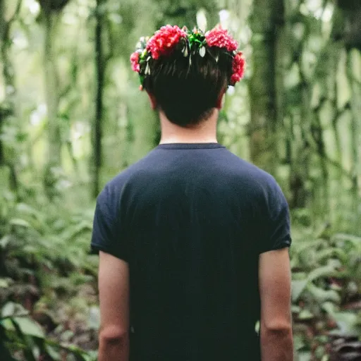 Image similar to close up kodak portra 4 0 0 photograph of a skinny guy standing in a dark exotic jungle, back view, flower crown, moody lighting, telephoto, 9 0 s vibe, blurry background, vaporwave colors, faded!,