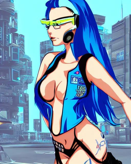 Image similar to cel shaded art of a pretty blue haired girl, jet grind radio graphics, cyberpunk city street background