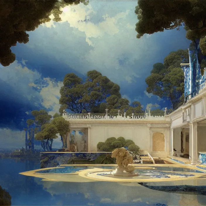 Prompt: gardens of marble draped in flowing sheets of cobalt blue satin, by ivan aivazovsky and syd mead and moebius and roger dean and wojciech siudmak and hayao miyazaki and pieter claesz and paul delaroche and alma tadema and aelbert cuyp and willem claesz, hyperrealistic, volumetric light, render