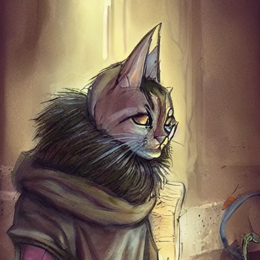 Image similar to humanoid homeless cat, concept art, d & d, fantasy