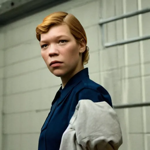 Image similar to Lea Seydoux as a prison guard in a french prison in a Wes Anderson Movie