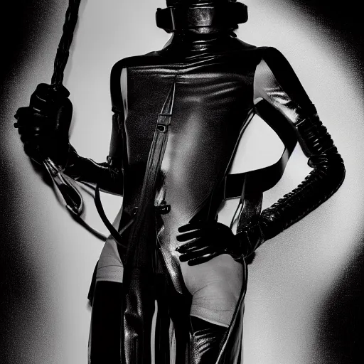 Image similar to fashion photography of an extraterrestrial model, holding a leather whip, wearing demobaza fashion, inside berghain, berlin fashion, harness, futuristic fashion, dark minimal outfit, photo 3 5 mm leica, hyperdetail, berghain, 8 k, very detailed, photo by nick knight