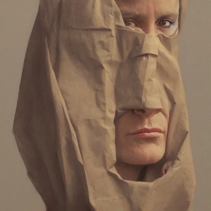 Prompt: woman portrait with a paper bag over the head, highly detailed, artstation, art by zdislav beksinski, wayne barlowe, edward hopper
