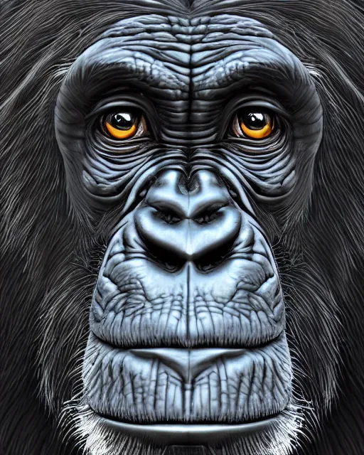 Image similar to very detailed high resolution illustration portrait of a chimpanzee, rolling green hills, 3 d, 8 k, extremely detailed, artstation