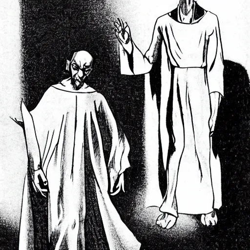 Image similar to jesus in white robes is standing behind nosferatu, about to sink his sharp teeth into nosferatu's neck. nosferatu has a halo over his head