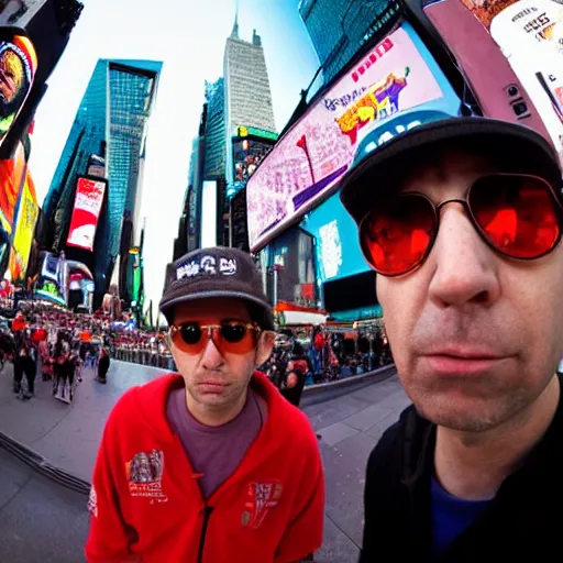 Prompt: award winning color photo, of all 3 Beastie boys, in New York times square, fisheye lens, detailed faces, 8k, balanced composition