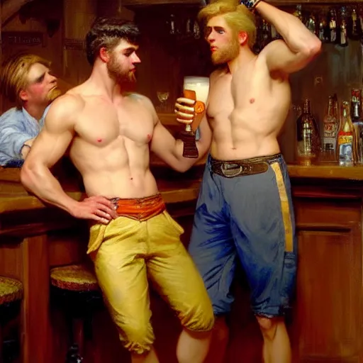 Image similar to attractive maculine male with brunet hair and attractive masculine male with blond hair. pants and shorts, drinking their hearts out, in a pub. highly detailed and very defined painting by gaston bussiere, j. c. leyendecker, craig mullins 8 k