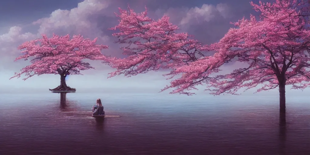 Image similar to a single sakura tree upon a lake, viewed from a distance, stephen bliss, unreal engine, illustration, fantasy art by greg rutkowski, loish, rhads, ferdinand knab, makoto shinkai and lois van baarle, ilya kuvshinov, rossdraws, tom bagshaw, global illumination, radiant light, minimalist, detailed and intricate environment