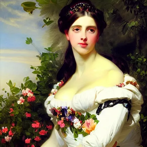 Image similar to beautiful painting of a queen by franz xaver winterhalter, highly detailed, vivid, romanticism, 1 8 6 0 s style art, high quality, elegant, fancy