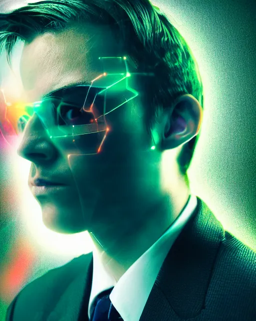Prompt: dramatic cyberpunk portrait of a man in a suit, crystalline, multicolor glow, atmospheric haze, intense shading, optic ripple, backlit, bokeh, centered