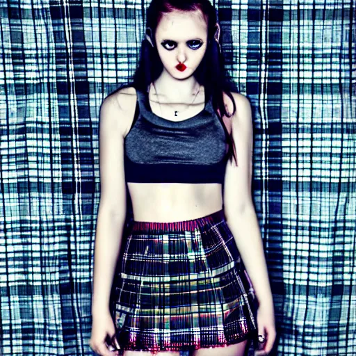 Image similar to gothic teen girl in plaid mini skirt and crop top, beautiful face, intricate, extremely detailed, modeling photography, 8 0 mm camera, dramatic lighting, dark room