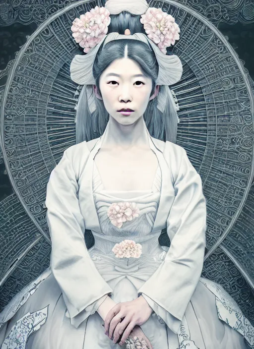 Image similar to portrait of a beautiful japanese princess with white hair dressed as a french maid, elegant, highly detailed, digital painting, an ultrafine detailed illustration by james jean, intricate linework, octane render, by ruan jia and zeen chin and alphonse mucha, unreal engine 5 highly rendered, ethereal, ominous, detailed and intricate environment