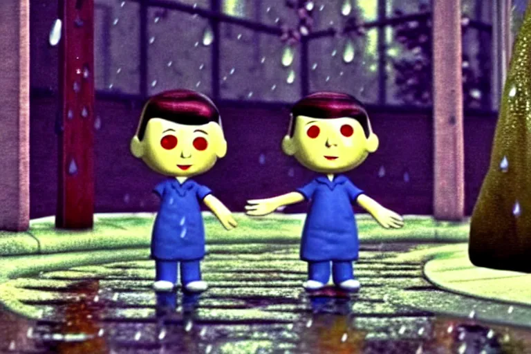 Image similar to A sad scene in the rain, glitchcore, morel orel screencap