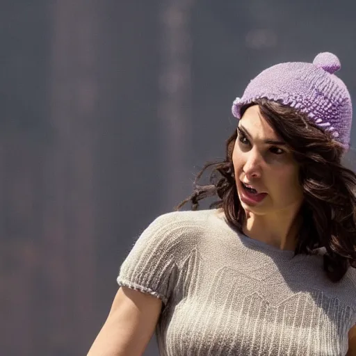 Prompt: high resolution photo of gal gadot in a knitted cap while riding on the back of a huge cat, 4 k, award winning photography.