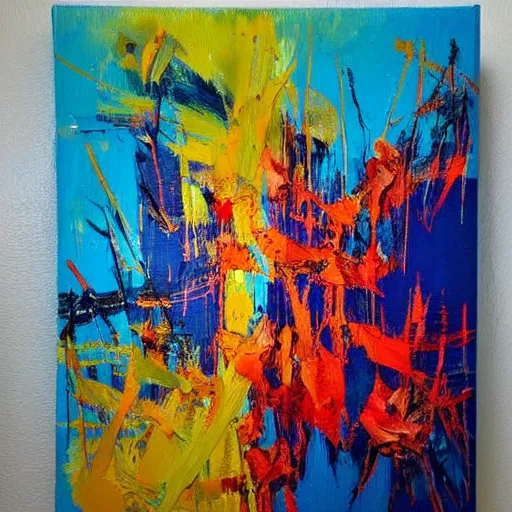 Image similar to abstract art painting, light to dark, bold brush strokes and random paint splatters, acrylic on canvas