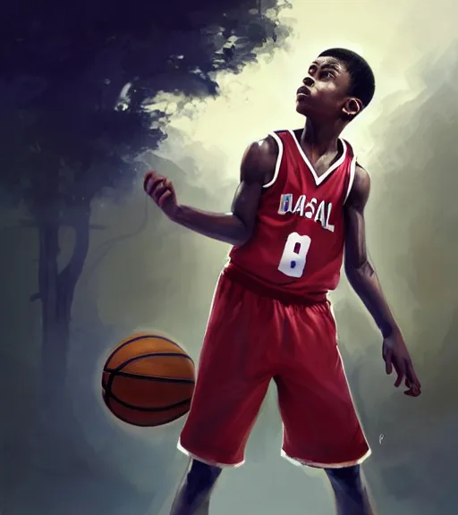 Image similar to portrait of a boy at a basketball court playing basketball wearing a basketball uniform in a basketball court, poised, intense emotion, detailed facial expression, detailed surroundings, perfect basketball, intricate, elegant, highly detailed, centered, digital painting, artstation, concept art, smooth, sharp focus, illustration, by Peter Mohrbacher, WLOP