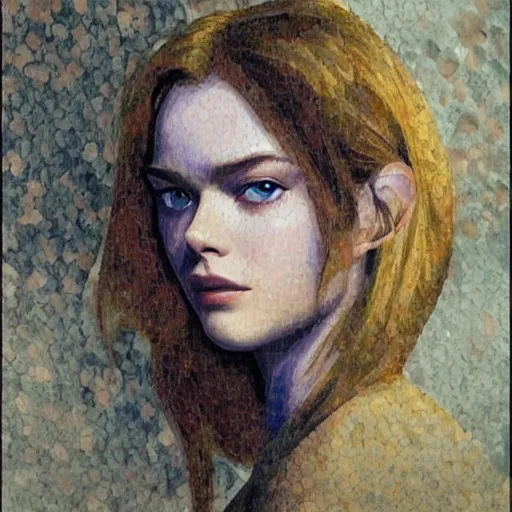 Prompt: professional painting of Elle Fanning in Metal Gear Solid in the style of Henri-Edmond Cross, head and shoulders portrait, symmetrical facial features, smooth, sharp focus, illustration, intricate, stormy weather, extremely detailed masterpiece,