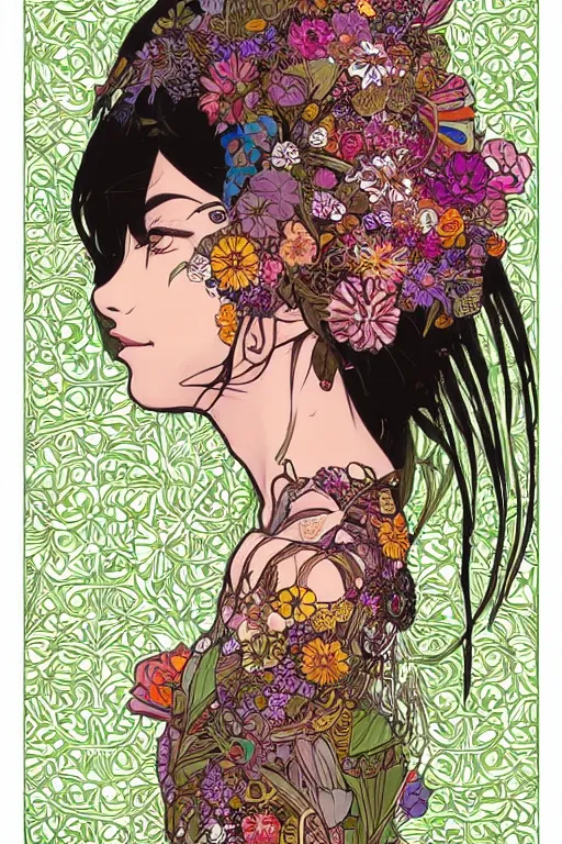 Image similar to beautiful floralpunk cyborg portrait girl female illustration detailed patterns art of bali traditional dress, flower pop art, floral splash painting, art by geof darrow, ashley wood, alphonse mucha, makoto shinkai