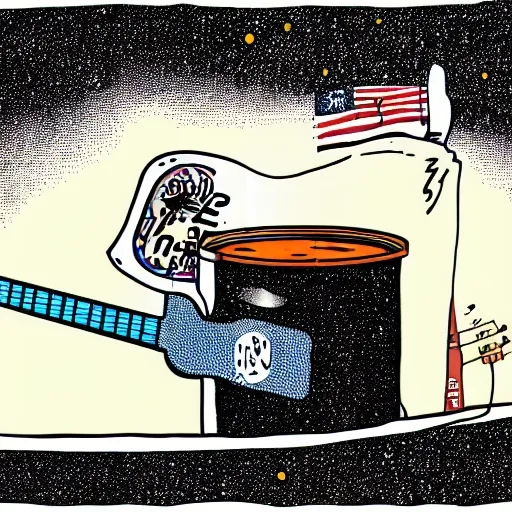 Image similar to a photo of an electric guitar headstock and a beer can on the moon. detailed. cartoon. comic