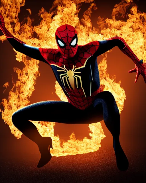 Image similar to photograph of a black and gold suit spider - man stood infront of a blazing inferno, dslr, cinematic, volumetric lighting, 8 k resolution, photorealistic